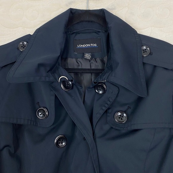 London Fog Double Breasted Trench Coat Navy Blue Women XL Belted Rain Jacket - Picture 2 of 12